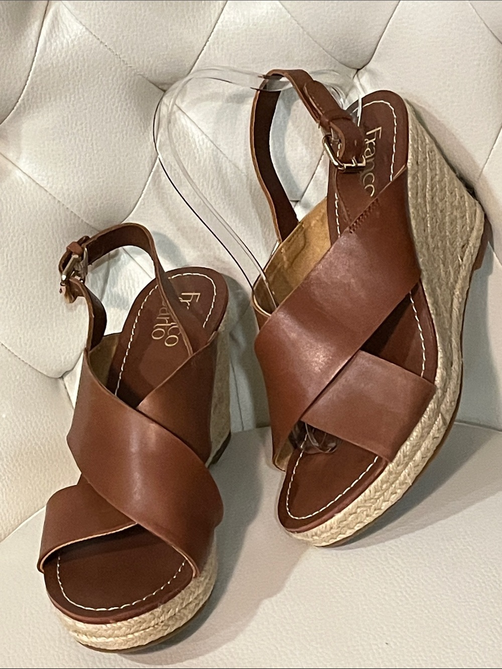 Franco Sarto Tan Brown Leather Sandals Espadrille Wedges Size 8.5